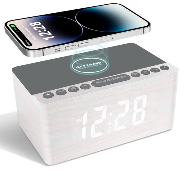 ANJANK Hölzerner Radio wecker Digital mit kabelloses Laden,10W Fast Wireless Charger for Iphone/Android,Schlafzimmer Handy USB Ladefunktion,5 Stufen Dimmer,Batterie Backup,Netzbetrieb,LED-Display,Weiß