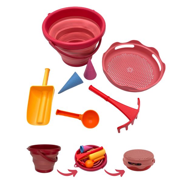 Schildkröt 7-in-1 Sand Toys Set, Innovative Sand Play Set in Handbag Size, Compact and Space-Saving, Foldable 3 Litre Bucket with 6 Sand Toys for Digging, Shaping, Sieving and Raking, 970245