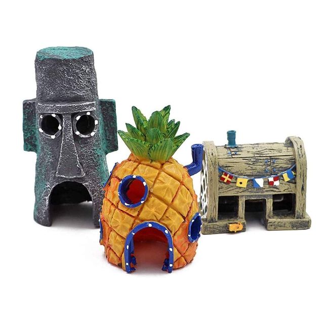 Mondream Set of 3 Pineapple House, Squid House Burger Shop, Spongebob, Tropical Fish, Watching Fish, Hideaway, Decoration, Goldfish, Aquarium