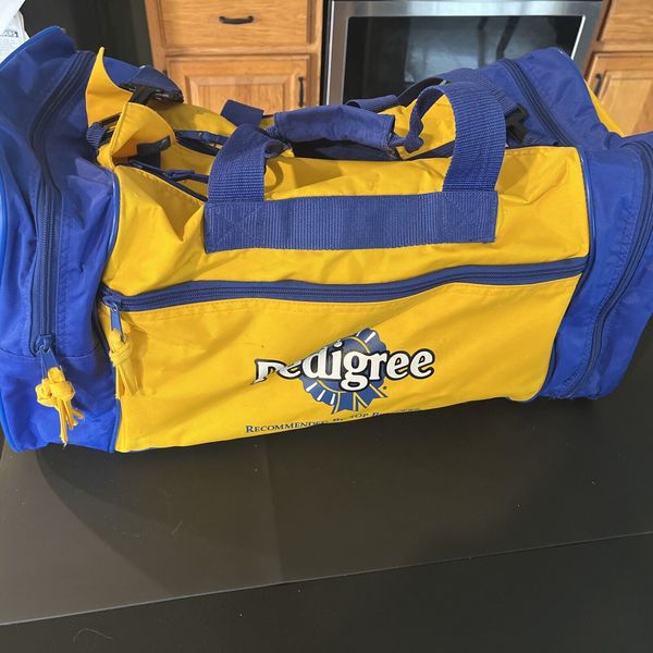 Vintage Pedigree Duffel Bag, Yellow Blue 20”x11”x10” Dog Food Pet Travel Storage