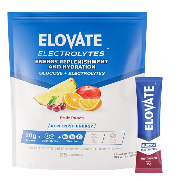 ELOVATE 15 - Electrolyte Drink Mix with 8 Grams of Glucose - Electrolyte Drink Powder Mix - Premiun Hydrating Powder Packets - Ideal to Hydrate & Replenish Glucose Levels(Fruit Punch, Pack of 25)