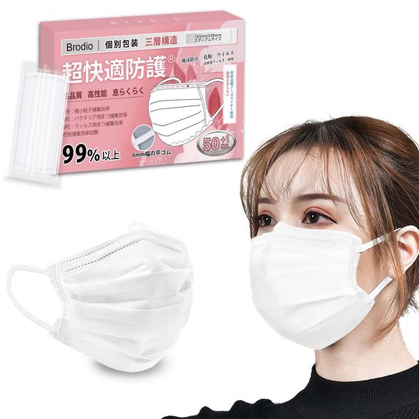 Brodio Women's Mask, Non-Woven Fabric, Small Face, 6.5 inches (16.5 cm), Three-Layer Non-woven Fabric, Small, Pack of 51, Pleated Type, Won't Hurt Your Ears, Easy to Breathe, Disposable Mask