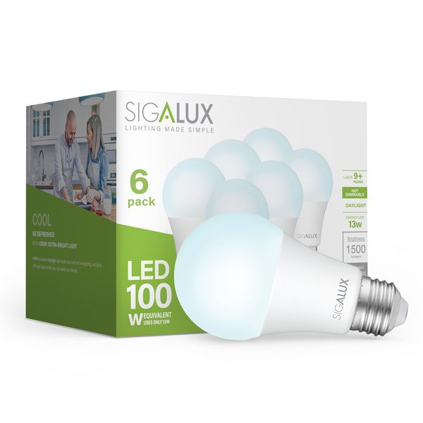 Sigalux Light Bulbs 100 Watt Equivalent LED Bulbs, A19 Daylight Standard Light Bulbs 5000K White,Non-Dimmable 13W Energy Efficient Light Bulbs with E26 Medium Base,1500LM,UL Listed,6 Pack