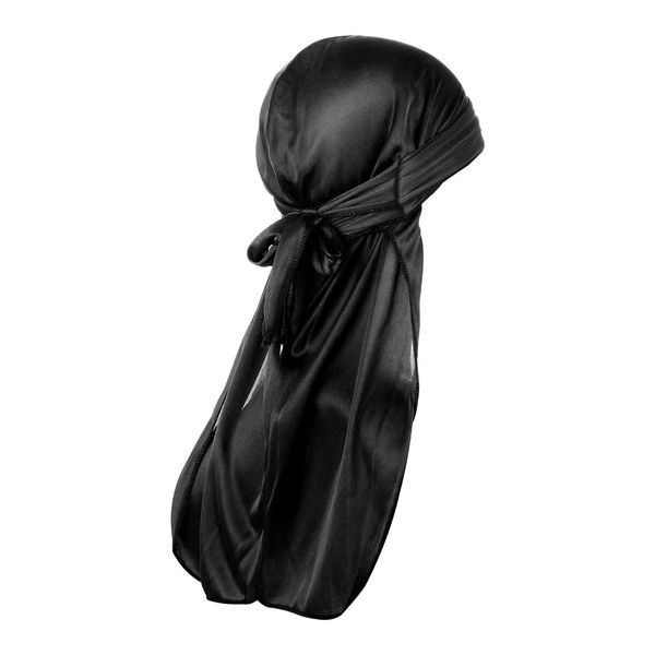 WLLHYF Silk Durag Long Tail Durag Breathable Pirate Headwraps Cap for 360 Waves Soft Bandana Turban Hat Hair Loss Chemo Cap for Women Men Hip-hop Everyday Decoration (Black)