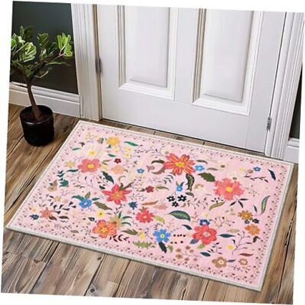 Washable Floral Front Door mat Outside Entrance 2x3 entryway 2’x3’ Flower Pink