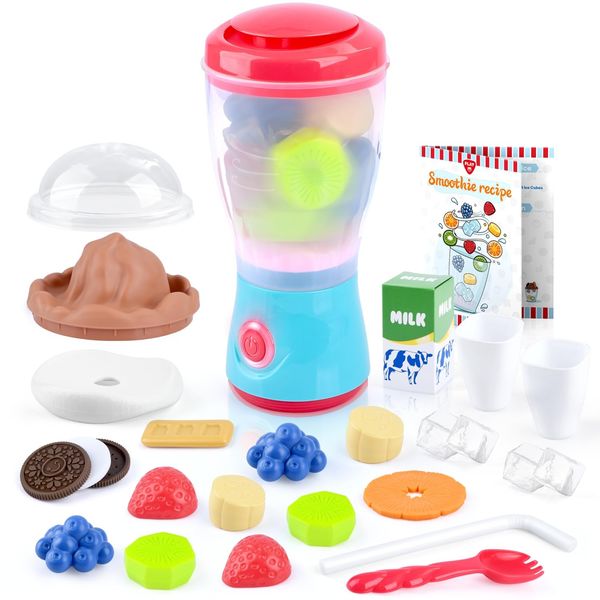 PLAY Smoothie Maker Toy Blender Set - 27 Pcs Pretend Play Kitchen Appliance for Kids with Realistic Action, Light and Sound, Play Toy Food Fruits and Cookies, Toy Mixer Birthday Gift for Kids Ages 3+