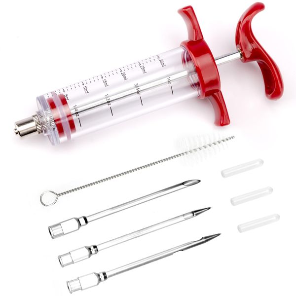 Turkey Meat Injector Syringe Kit with 3 Marinade Needles for BBQ Grill Smoker, 1 Cleaning Brush, 1 Oz/30 ml Large Capacity Injector Marinades for Meats Red