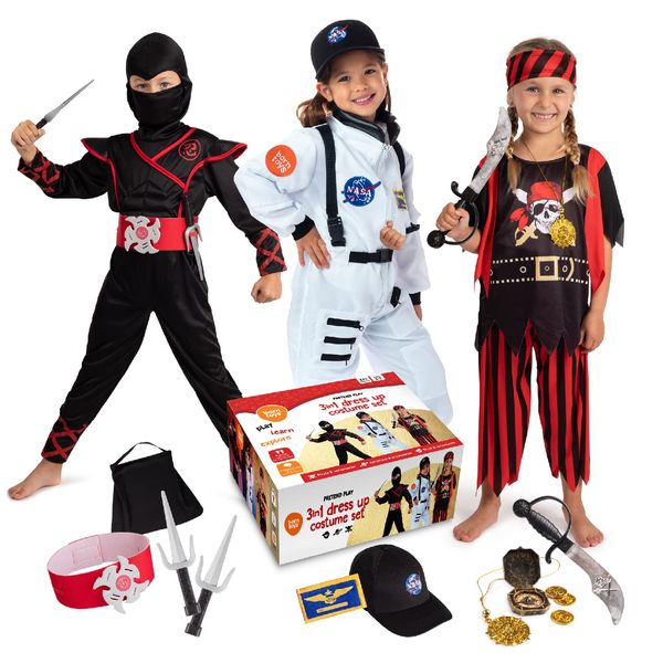 Born Toys 3-in-1 Kids' Dress Up & Pretend Play Set-Kids Pirate Costume, Kids Ninja Costume & Astronaut Costume for Kids Ages 3-7