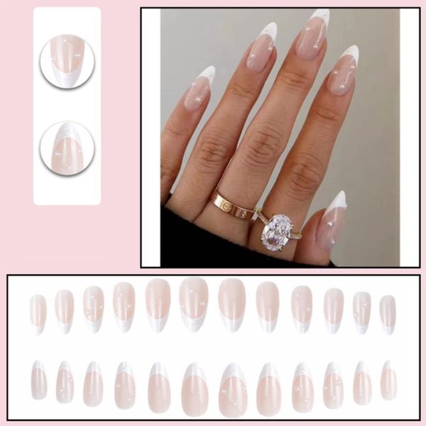 YoYoee Short French Press on Nails, Almond Fake Nails White Pearl Nail Art Acrylic Full Cover False, Cute Tips for Women and Girls, 24 Pcs.