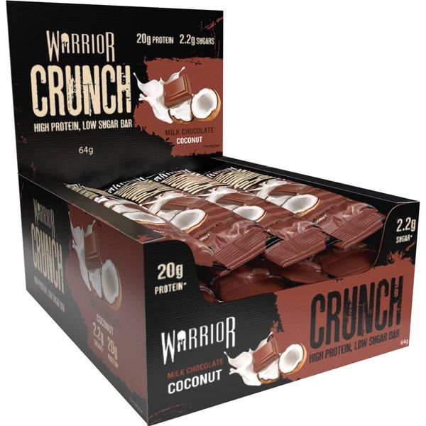 Warrior HIGH PROTEIN BARS (20g Protein each) - Low Carb, Low Sugar - Pack of 12 Caramel Crispy Crunch Bars - Milk Chocolate & Coconut