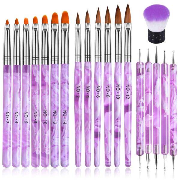 TOROKOM 19 Pcs Nail Art Brushes Acrylic Nail Brush Set for Acrylic Application, UV Gel Nail Polish Brush Nail Art Painting Brush Dotting Tool Nail Dust Remover Brushes for Nail Salon Art Tools(Purple)