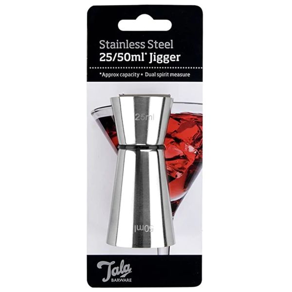 Tala Stainless Steel Cocktail Jigger - Dual Spirit Measuring Cup for Home Bar - Single & Double Shot Measure, 25ml & 50ml, Silver