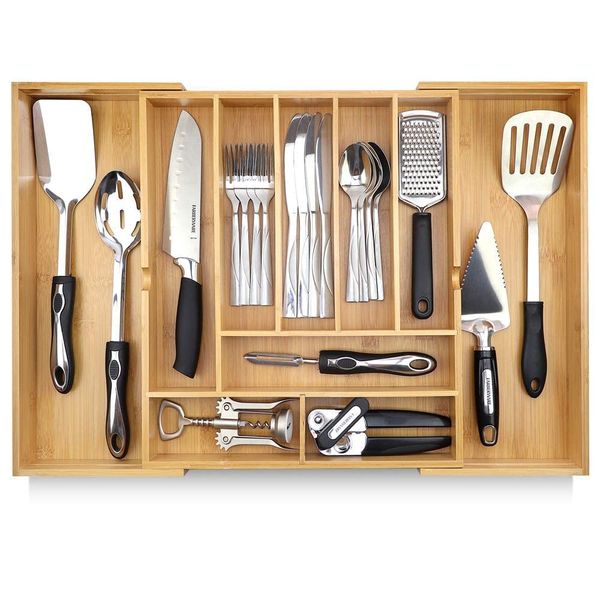 Pristine Bamboo Silverware Organizer - Expandable Kitchen Drawer Organizer - Adjustable Kitchen Drawer Organizer for Utensils, Expandable to 25 Inches Wide, 10 Compartments, Silverware Tray for Drawer