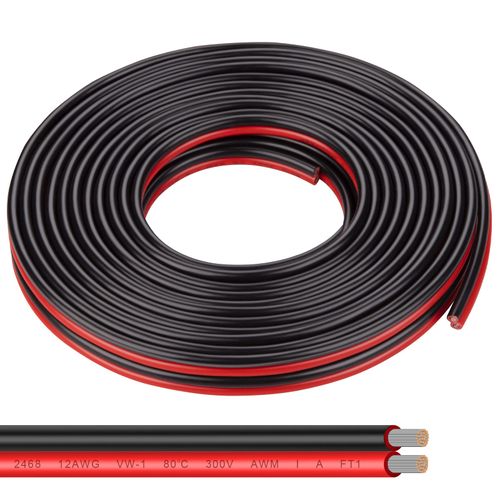 Shirbly 12AWG 2 Conductor Parallel Tinned Copper Wire - 20FT, Black, PVC Insulated, Solar Panel, LED, Automotive, RV, Inverter Compatible