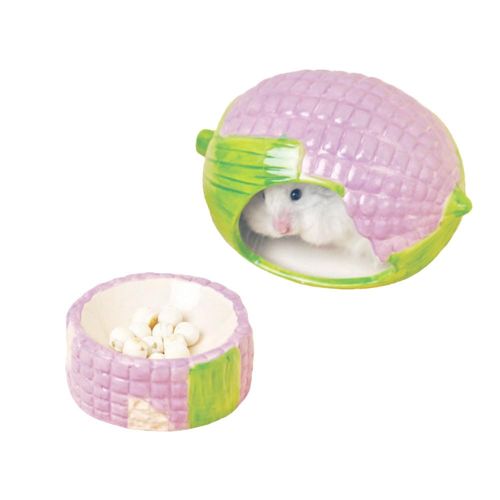 ExcyphrXyf Ceramic Hamster Hideout,Corn Hamsters House and Habitat with Food Bowl, Syrian Hamster Hideout Decor Cool Bed for All Season Gerbil, Mice Guinea Pig （Purple）