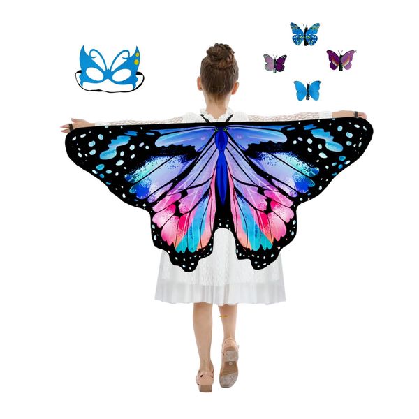 Niurui Kids Fairy Butterfly Wings Costume for Girls Halloween Toddler Dress Up Play Costumes with Butterfly Hair Clip Mask Christmas Party Favors Gifts（Blue & Red）