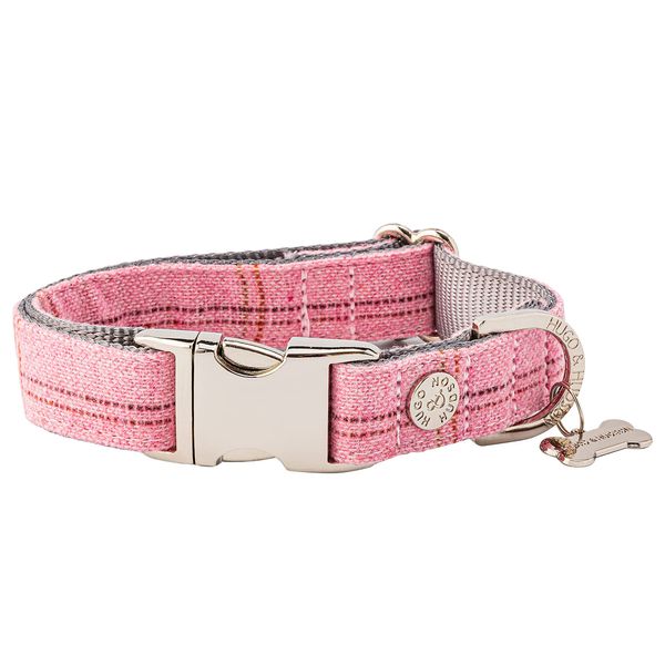 HUGO & HUDSON Tweed Dog Collar, Adjustable Quick Release Safety Metal Buckle, Pink Checked, XS