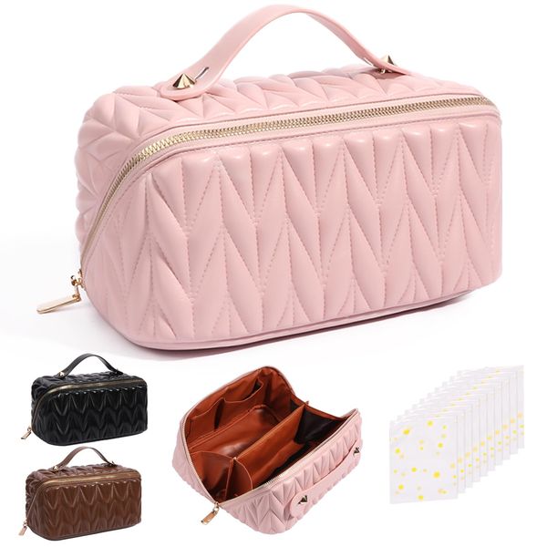 Yokilly Kosmetiktasche Reisetasche Kulturtasche Damen: PU Kunstleder Make Up Tasche Rosa Kosmetik Organizer - Wasserdichter Reise Schminktasche Groß Reisetaschen - Multifunktionale Make Up Bag