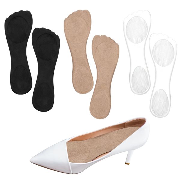 3 Pairs of 3/4 High Heel Cushion Inserts, 8.07x2.76x0.14in Dress Shoe Insoles Gel Cushion Insoles for Women Non-Skidding Adhesive High Heel for Pumps Sandals Flats Boots(Clear, Black, Beige)