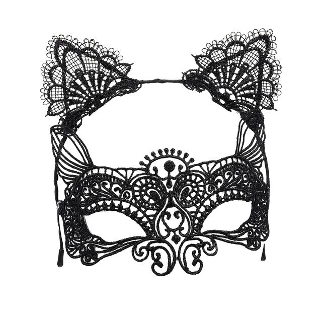 Lurrose 1 Set Sexy Lace Cat Ears Headband Cute Women Girl Lace Eye Patch Costume Masquerade Hair Elastic Hoop for Cosplay Carnival Party Halloween Christmas Valentine Day