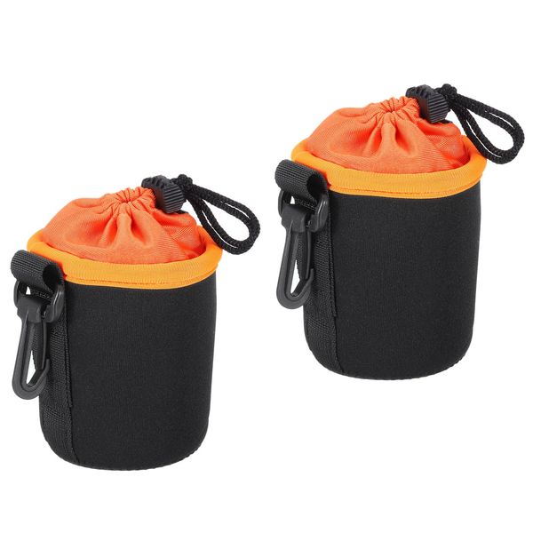 PATIKIL Camera Lens Bag, 2 Pcs 3.1" IDx3.9 H Drawstring Lens Pouch with Thick Protective Neoprene, Lens Case for DSLR Camera Lens, Water Coffee Cups, Black Orange