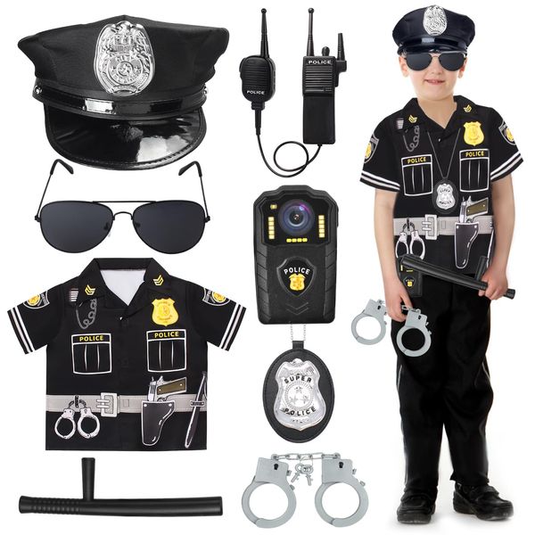 Kyson 8 Pcs Kids Police Officer Costume Kit Cop Gear Policeman Outfit Dress up Accessories Halloween Career Day Pretend Play (Set C)