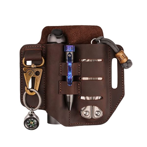 VIPERADE PJ13 Plus Multitool Sheath for Belt, EDC Pocket Organizer for Men, Leather Pouch with Keychain, Flashlight Holder, Pen Holder, Tools Sheath Knife Sheath for Leatherman-Brown