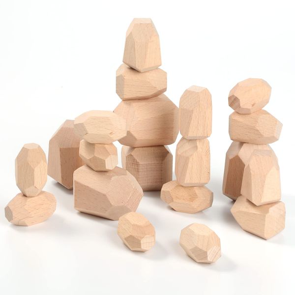 CACAZI 20 Pcs Wooden Balancing Stones, Wooden Stacking Rocks Irregular, Paint-Free Wooden Building Rocks Preschool Educational Toys, Novel Building Blocks for Toddles