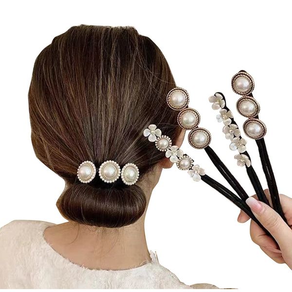 Happyupcity 4PCS Women Magic Hair Bun Maker with Peal and Flower Ponytail Buns Shaper Former Donut Holder Hair Twist Curler Hair Accessory Hair Styling Tool