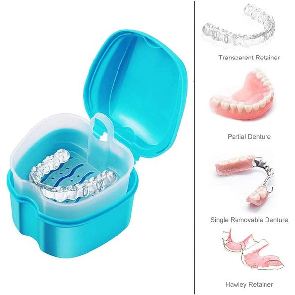 Denture Case, Denture Cup with Strainer, DERDOUT Denture Bath Box False Teeth Storage Box with Basket Net Container Holder for Travel, Retainer Cleaning (light blue)