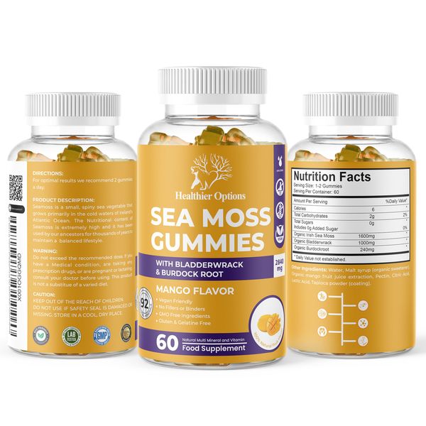 Healthier Options Irish Sea Moss Gummies with Bladderwrack & Burdock Root 5680 Mg | 60 Gummies | Mango Flavour | Vitamins & Minerals | Organic, Natural, Vegan, Gluten Free, Non GMO, High Strength