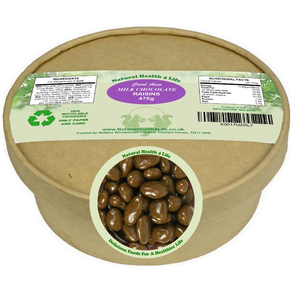 Natural Health 4 Life Carol Anne Confectionery Milk Chocolate Raisins 475 g in 100% Recyclable Storage Tub (1 Tub)