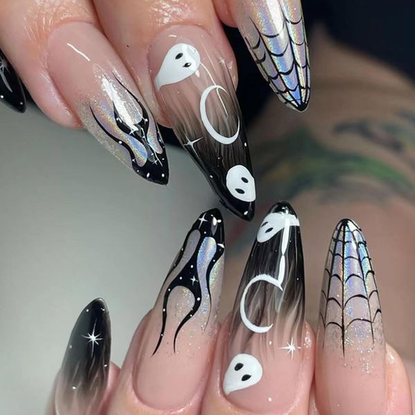 Ceboic 24Pcs Halloween French Press on Nails Long Almond False Nails Full Cover Fake Nails with Cute Ghost Pattern Removable Stick on Nails Acrylic Glue on Nails Manicure Kit for Women Girls