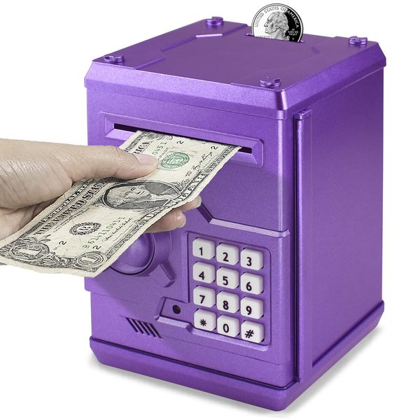 Cargooy Mini ATM Piggy Bank ATM Machine Best Gift for Kids,Electronic Code Piggy Bank Money Counter Safe Box Coin Bank for Boys Girls Password Lock Case (Purple)