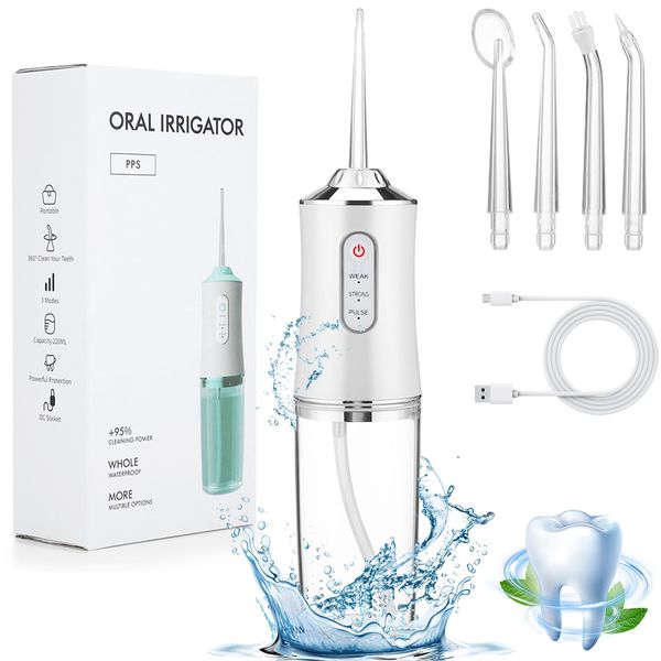 Water Flosser Cordless, Oral Irrigator Portable Dental Teeth Cleaner with 5 Jet Tips, 3 Modes IPX7 Waterproof 220ML Water Flosser, USB Recharged Use for Travel (White)