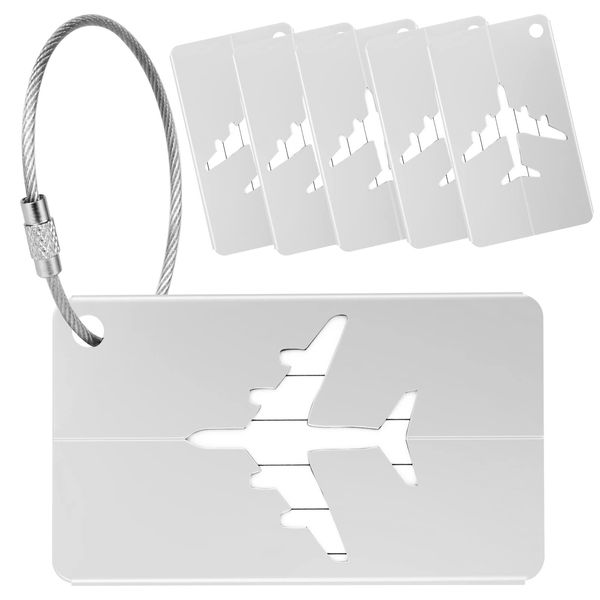 Yizhet 6 x Kofferanhänger mit Adressschild, Aluminium Gepäckanhänger Koffer Schild mit Edelstahlkabel und Wasserdichte PVC Namensschild, Luggage Tags für Gepäck Koffer Tasche Handtasche (Silber)