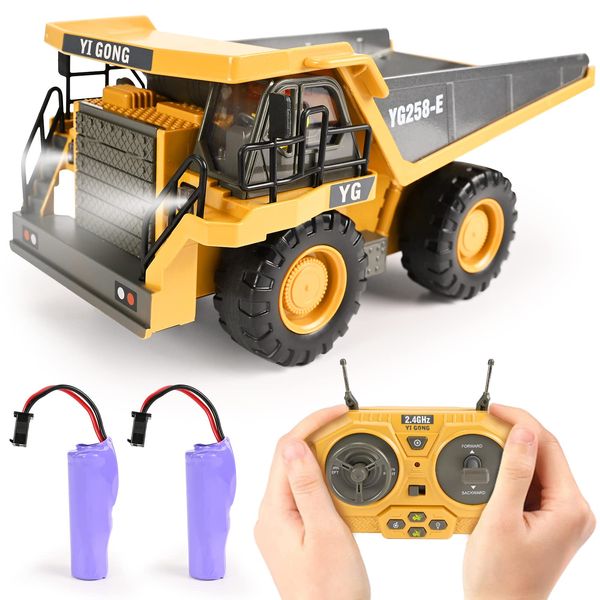 KidsFaves Remote Control Dump Truck Toys 9 Channel 2 Batteries RC Construction Toy Vehicles with Metal Bed Lights/Sounds, Birthday Gifts for Boys Age 3+