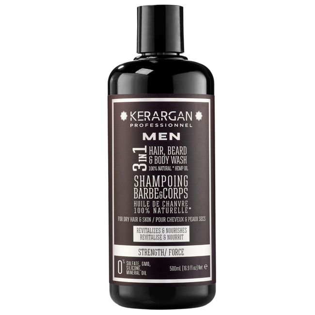 Kerargan - Stärkendes 3in1 Shampoo mit Hanföl - Stärkt Haare, Bart und Körper - Revitalisiert, Nährt - Für Trockene Haut und Haare - Ohne Sulfate, GMO, Silikon, Mineralöl - 500ml