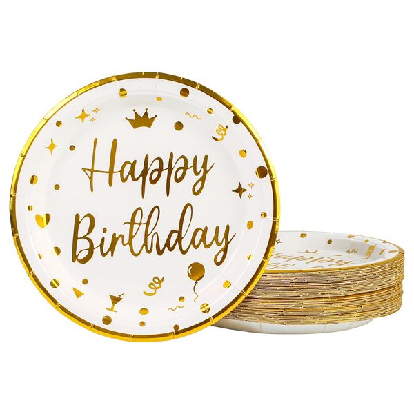 50 Pcs Happy Birthday Plates 9inch, White Gold Party Paper Plates Disposable Cake Plates Dinner Paper Plates Dessert Plates with Gold Trim Party Supplies for Party Decorations (White Birthday, 9inch)