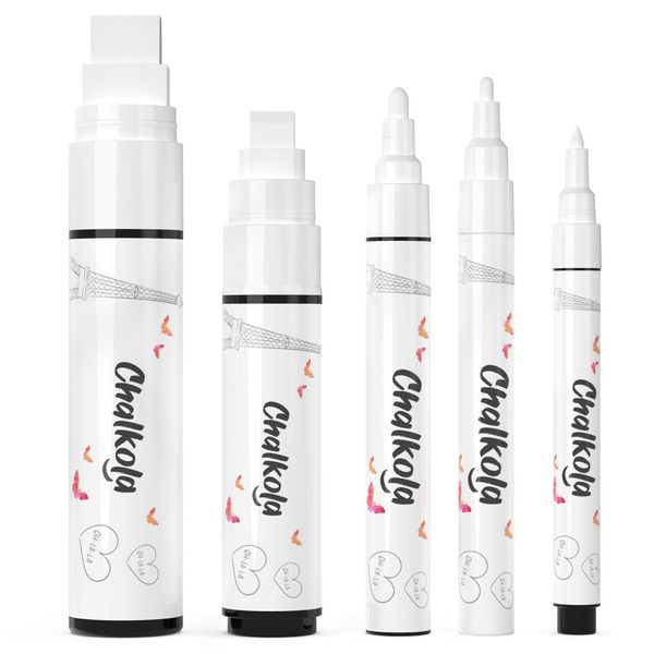 Chalkola 5 White Chalk Markers for Chalkboard Signs, Blackboard, Car Window, Bistro, Glass | 5 Variety Pack - Thin, Fine Tip, Bold & Jumbo Size Erasable Liquid Chalk Pens (1mm, 3mm, 6mm, 10mm, 15mm)