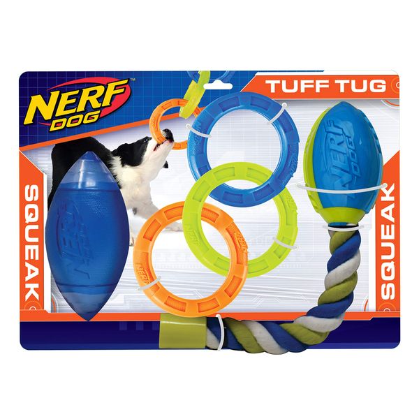 Nerf Dog 3-Piece Dog Toy Gift Set, Includes 7in TPR Classic Squeak Football, 10.5in TPR 3 Ring Tug, and 14.5in TPR 2-Part Nitro Blitz Squeak Football with Rope Tail, Nerf Tough Material, Multicolored