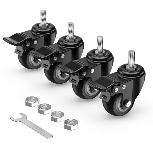 HOLKIE Caster Wheels 2 inch Total Locking Stem Casters, 3/8" -16 x 1" (Stem Diameter 3/8", Stem Length 1") Threaded Stem Casters Swivel Casters Set of 4 Heavy Duty Castors Black