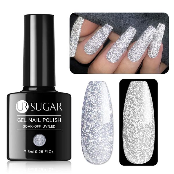 UR SUGAR Reflective Glitter Gel Nail Polish, Silver Glitter Gel Polish Sparkling Shimmery Diamond Soak Off UV Gel Nail Varnish, Silver Glitter Nail Gel Manicure for Halloween Holiday Set Gift