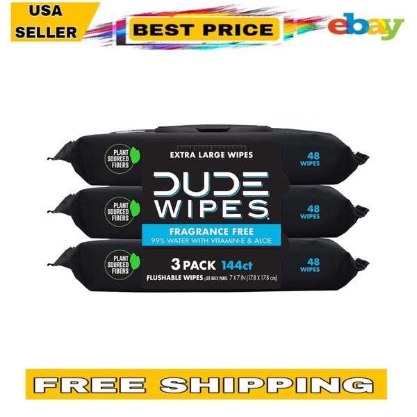 DUDE Wipes Flushable Wipes - 3 Pack  144 Wipes - Unscented Extra-Large