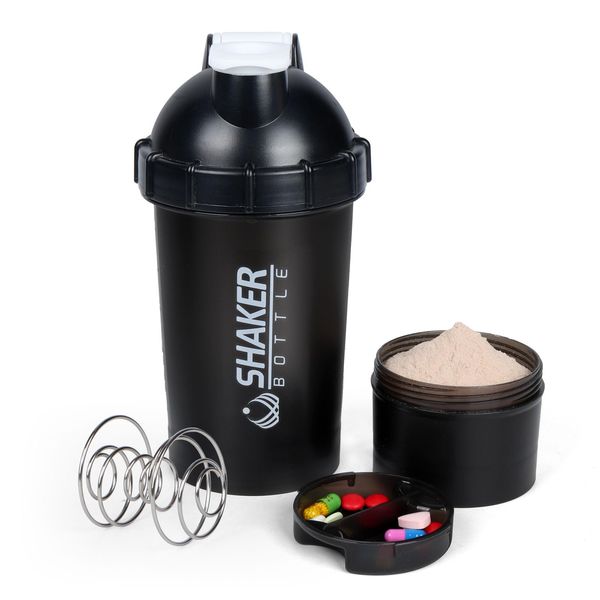 XTKS Shaker Bottle Protein Shaker Bottles with Powder Storage & Pill Case,18OZ/500ML Sports Water Bottle Gym Shaker Cup with Mixing Ball Protein Mixes,Leak Proof,BPA Free (WHITE)