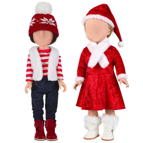 Geyoga Christmas Dolls Clothes and Accessories Xmas Doll Shirt Trousers Dress Doll Outfits Set for 18 Inch Doll Gifts(Santa Hat Style)