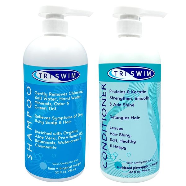 TRISWIM Hair Care Bundle with Swim Shampoo and Conditioner 32 Fl Oz Each | Repairs Your Chlorine-Damaged Hair and Enhances Natural Hair Texture | Perfect for Nourishing Your Hair | Pack of 2