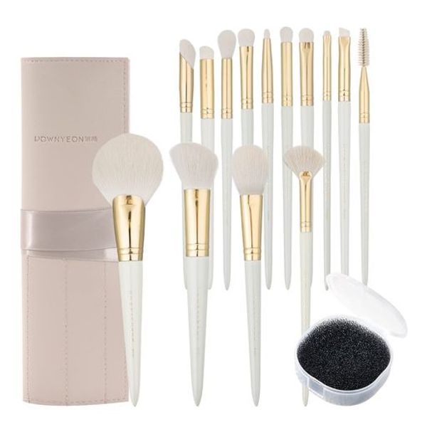 ROWNYEON Makeup Brush Set, 14 Pieces, Comes with Makeup Pouch, Fiber Bristles, Soft, Easy to Use, Portable, Gentle on Skin, Good Powder Holding Power, Makeup Brush, Makeup Brush Cleaner, Sponge Included, For Beginners, For Sensitive Skin, Makeup Tools, El