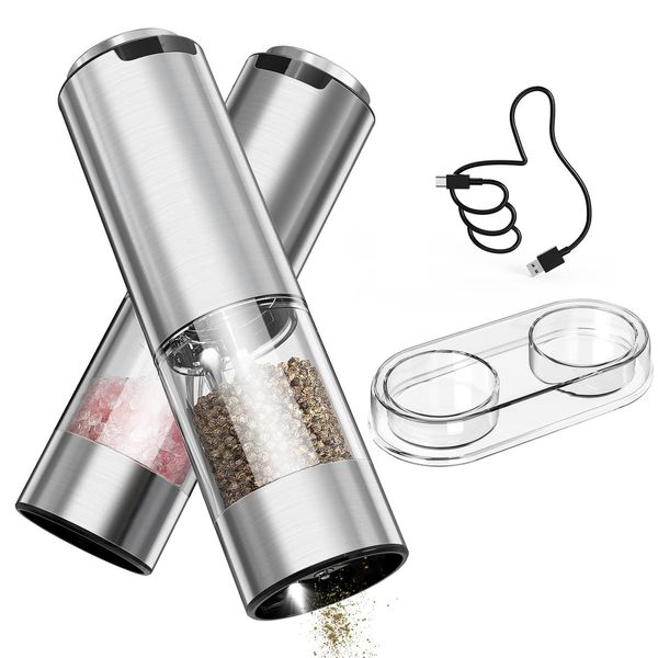 CIRCLE JOY Rechargeable Electric Salt and Pepper Grinder Set with Base, Stainless Steel Pepper Mills with Washable 95ml Container, White LED Light and Adjustable Coarseness, Silver