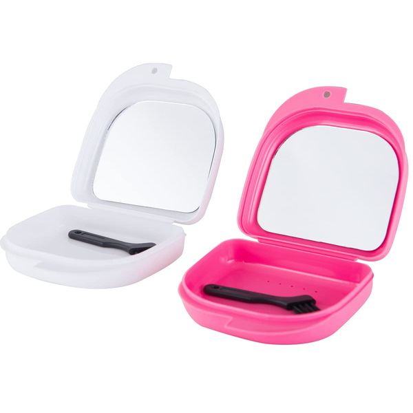 Retainer Case with Mirror, Mouth Guard Case, Orthodontic Dental Retainer Box, Denture Storage Container, Comes with a free small brush, 2 Pieces